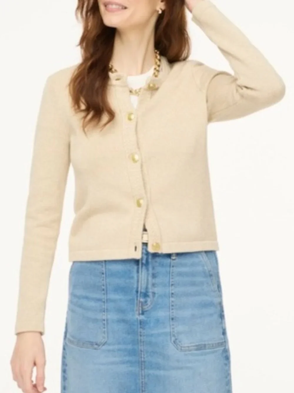 J. Crew Cardigan Sweater Lady Jacket XL Button Front Neutral Gold Buttons CG824